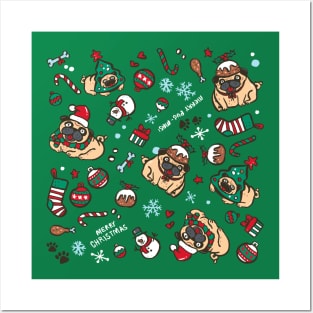 Christmas pattern with pugs Posters and Art